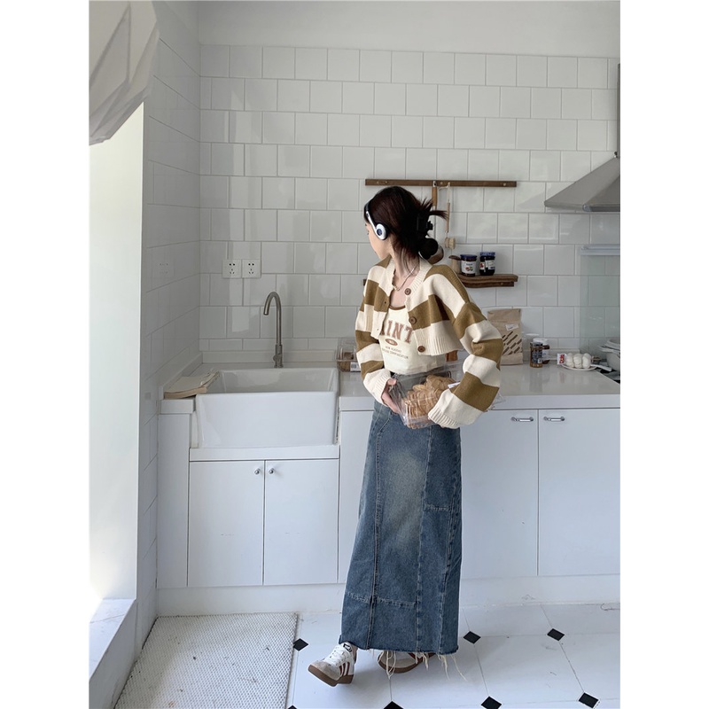 Áo dệt kim SUXI kẻ sọc vintage thời trang mùa thu cho nữ