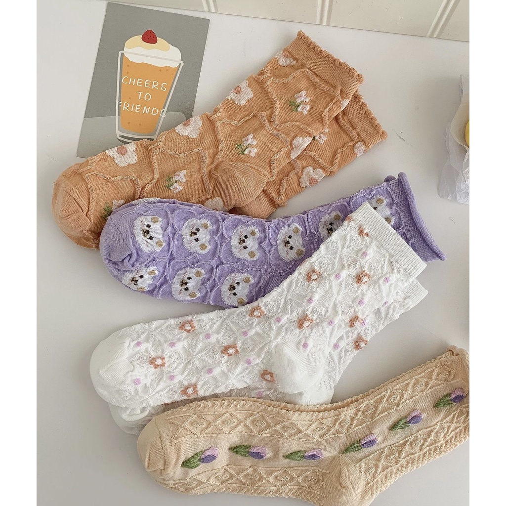 TL68 Tất vớ nữ cổ trung họa tiết vân LOLITA tiểu thư xinh xắn