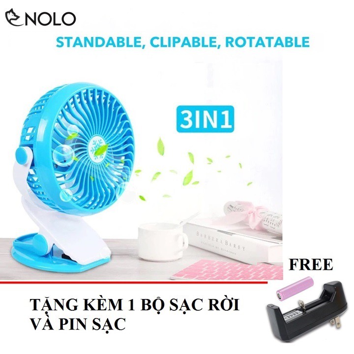 Quạt Kẹp Để Bàn Xoay 360 Độ Tặng Kèm Bộ Sạc Và Pin Sạc Rời