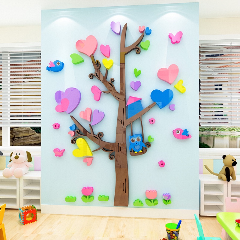 Miếng Dán Tường Trang Trí Hình Cây Hoạt Hình 3D Bằng Acrylic Tự Dính