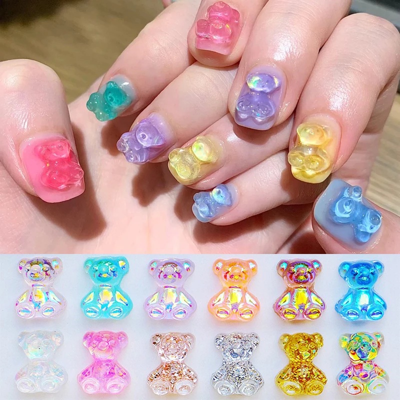 [Hàng mới về] Phụ kiện trang trí móng tay hình gấu hoạt hình pha lê 3D màu kẹo ngọt nhiều kích cỡ