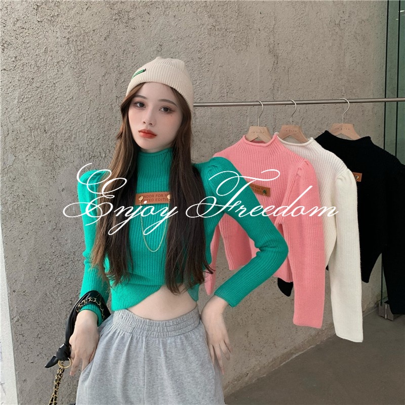 Enjoy Freedom Áo Croptop Dệt Kim Cổ Lọ Ôm Dáng Phong Cách Hàn Quốc Trẻ Trung