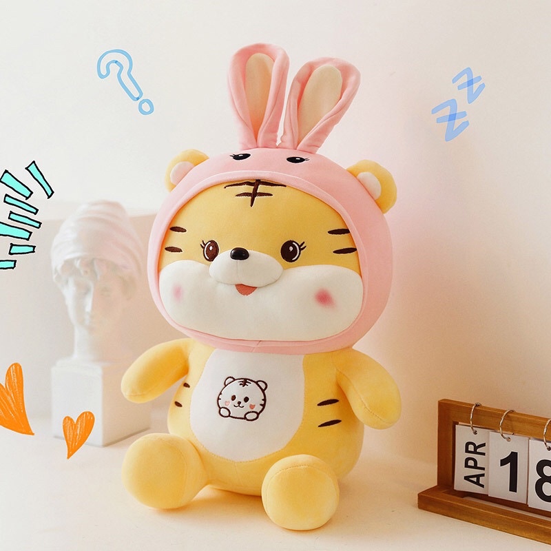 Gấu Bông Hổ Tai Thỏ siêu đáng yêu, Cọp Vàng đội nón Thỏ. Vải Miniso co giãn 4 chiều 100% Gòn