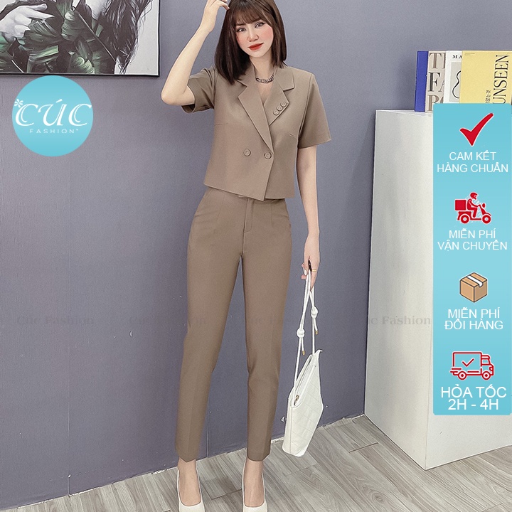 Bộ vest nữ CÚC FASHION bộ đồ thời trang Hàn Quốc áo croptop đẹp mic quần baggy đen trắng set vest cổ 3 cúc SV101