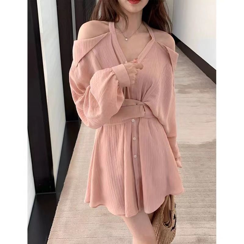 Đầm Nữ Tay Dài Cổ Chữ V Trễ Vai Màu Hồng Thời Trang