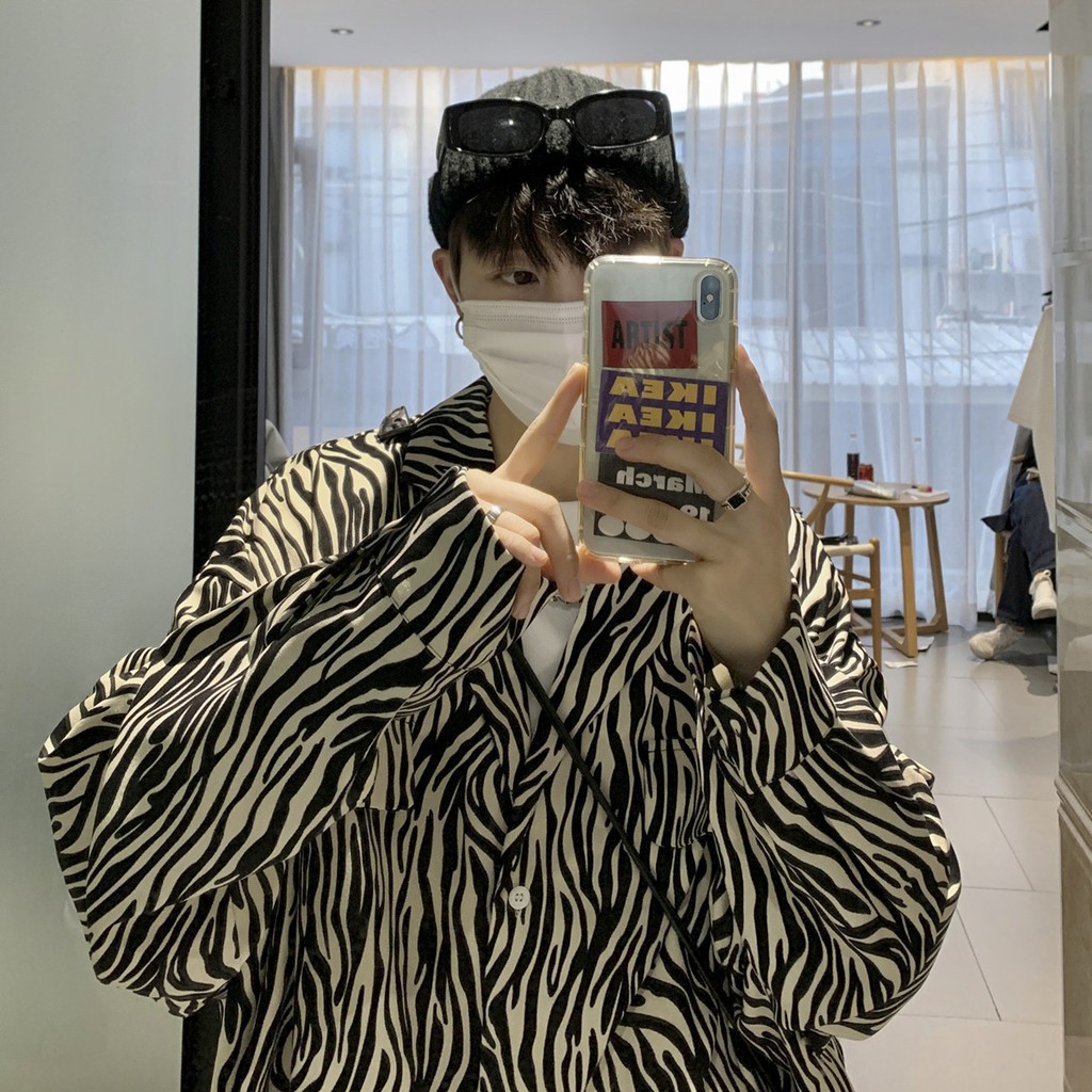 Áo sơ mi dáng rộng in họa tiết ngựa vằn thời trang Hàn Quốc cho nam nữ