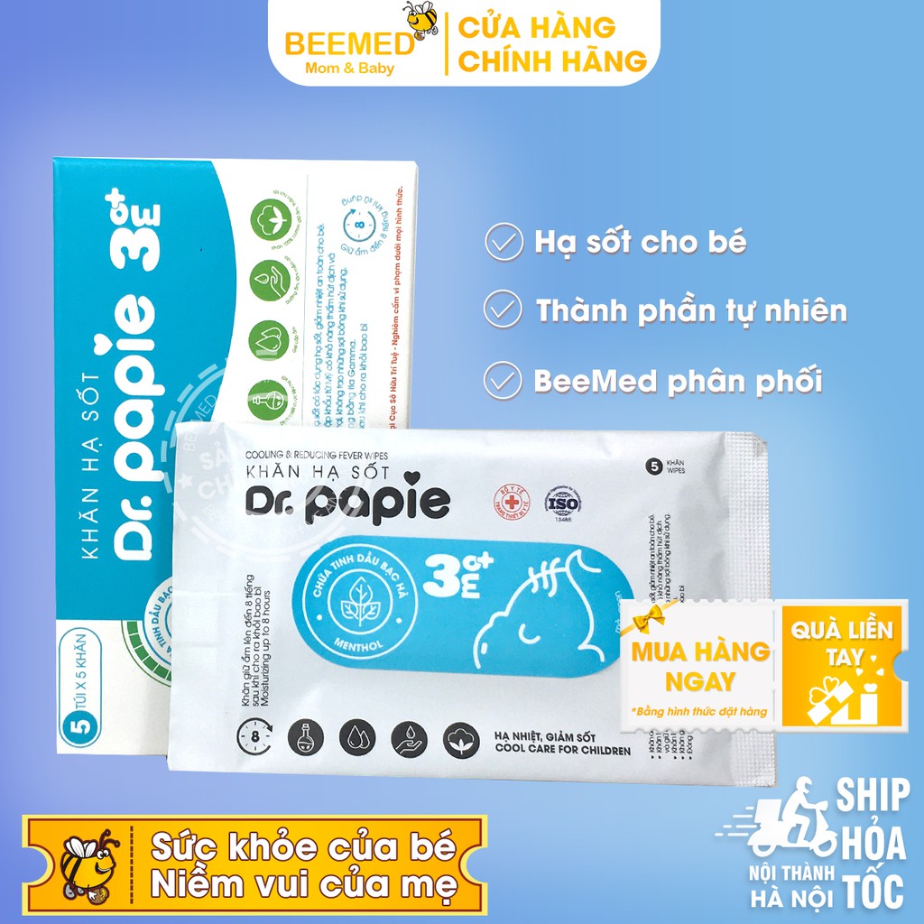 Khăn hạ sốt cho bé Dr Papie từ 3 tháng trở lên - lau hạ nhiệt, giảm sốt cho bé từ thảo dược, bạc hà