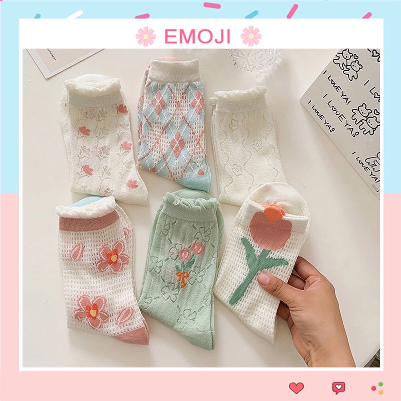 Tất cổ cao, Vớ dài nữ họa tiết hoa đơn giản phong cách Hàn Quốc chất liệu vải ren thoáng khí co giãn 4 chiều TD047