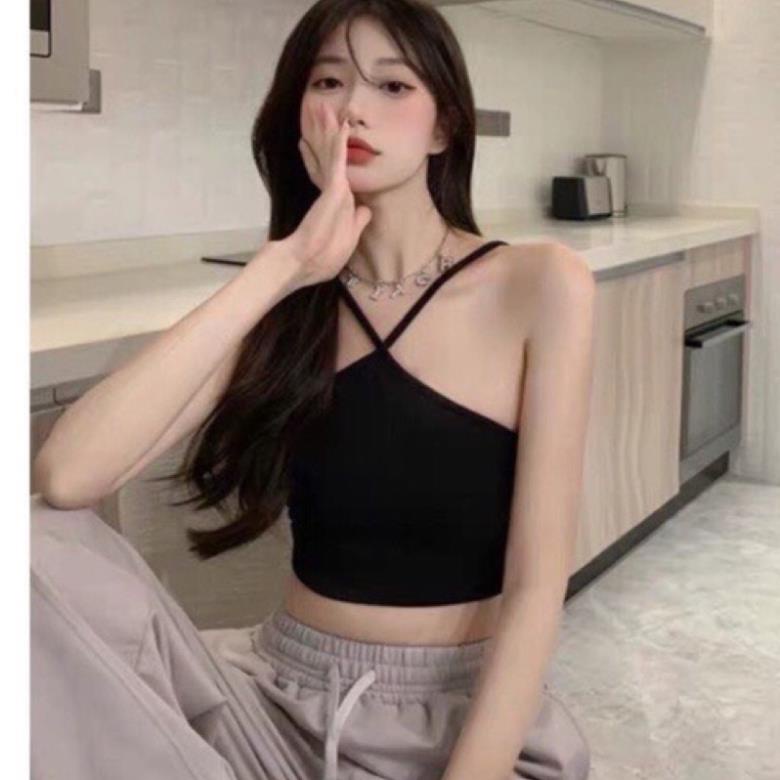 Áo Yếm Hai Dây Dáng Croptop Chất Thun Dày Dặn Co Giãn Ko Lộ Ngực Freesize <53kg