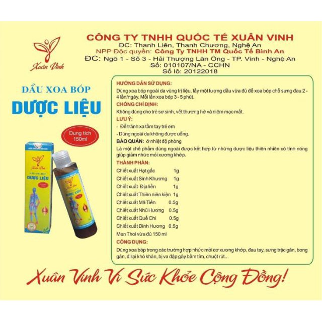 Dầu Xoa Bóp Dược Liệu Xuân Vinh 150ml – Phòng ngừa và làm giảm các triệu chứng phong tê thấp, sưng tấy, đau lưng, đi lại