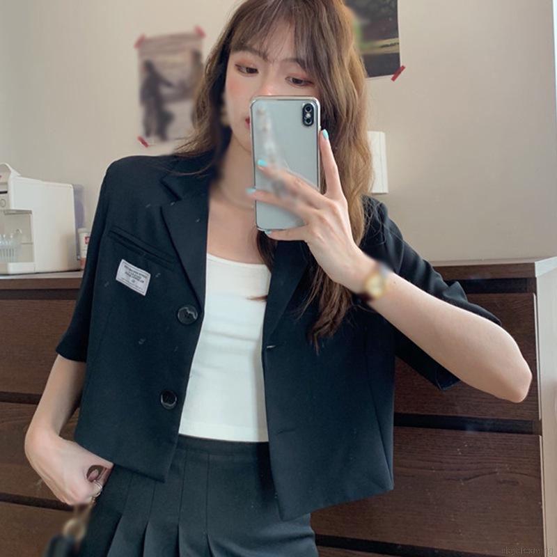 Áo Khoác Vest Tay Ngắn In Chữ Phối Hàng Nút Kiểu Hàn Quốc Xinh Xắn Cho Nữ