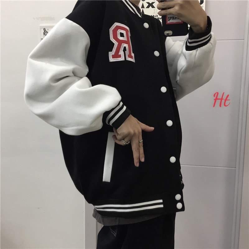 Áo khoác bomber nỉ phối tay chữ R màu đỏ HT12