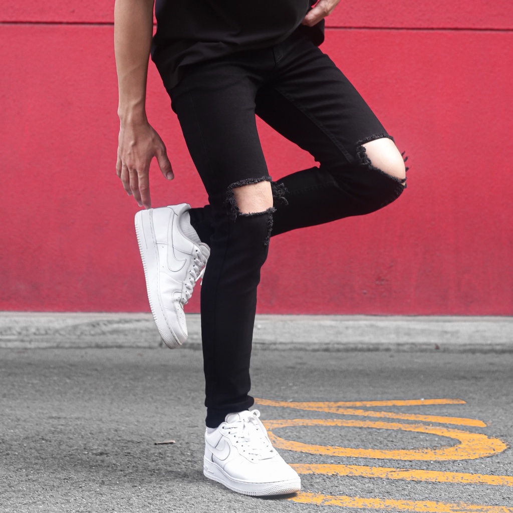Quần Jean Nam Rách Gối Màu Đen Chất Bò Cao Cấp Co Giãn Cực Đẹp Trơn Form Skinny Ôm Dáng ANH DUY SHOP QJ0305