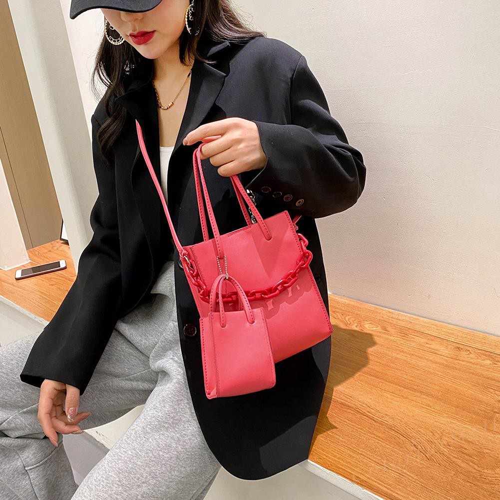 Women 2 in 1 Solid Color Messenger Handbag Tote Thick Chain Leather Shoulder Bag Ladies Clutch Purse