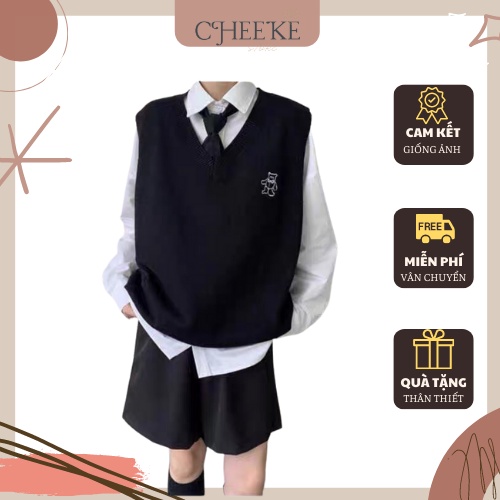 [ Có Video + Ảnh Thật ] Áo Gile Thêu Gấu Cheeke House Mã 844