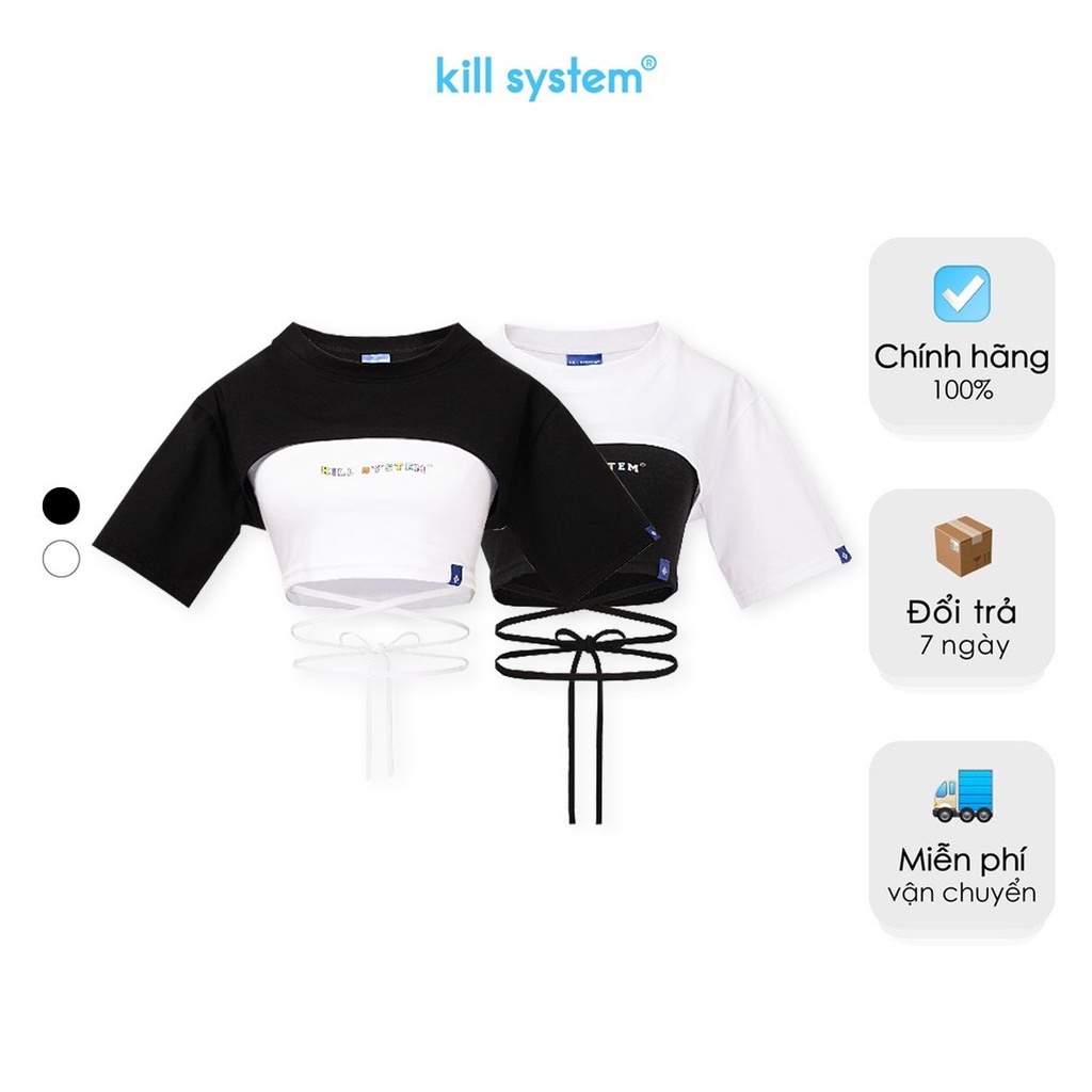 Combo áo croptop Kill System thắt dây eo trắng đen