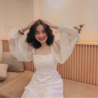 ☀️đầm cổ vuông tay phồng đính cườm