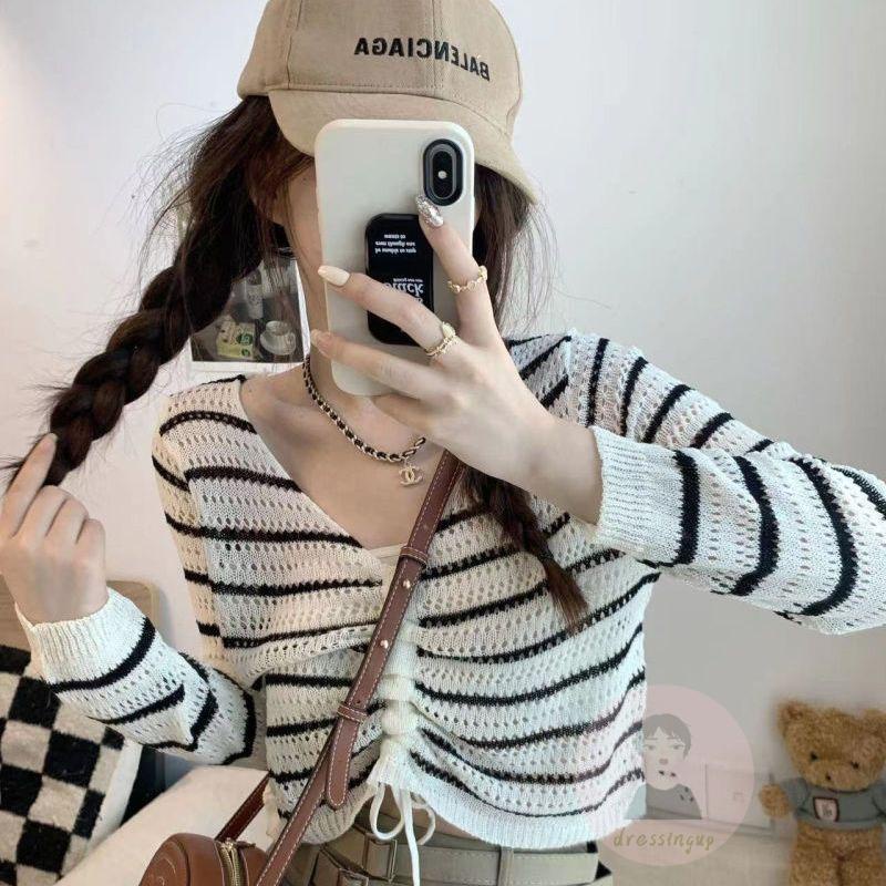 Áo Dệt Kim Tay Dài Cổ Chữ V Họa Tiết Kẻ Sọc Thiết Kế Dây Rút Thời Trang Mùa Hè Xinh Xắn Cho Nữ