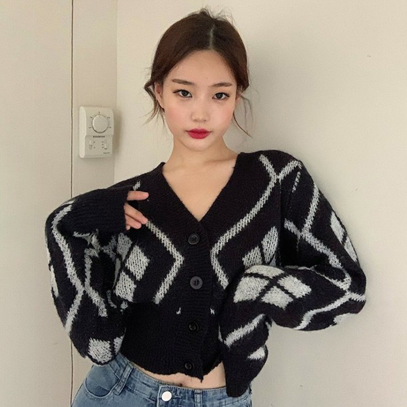 Áo Cardigan Dệt Kim Tay Dài Cổ Chữ V Ôm Eo Đính Đá Kiểu Retro Hàn Quốc Thời Trang Cho Nữ