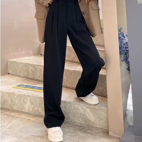 Quần dài ZHELIHANGFEI ống rộng lưng cao màu đen thời trang xuân thu cho nữ