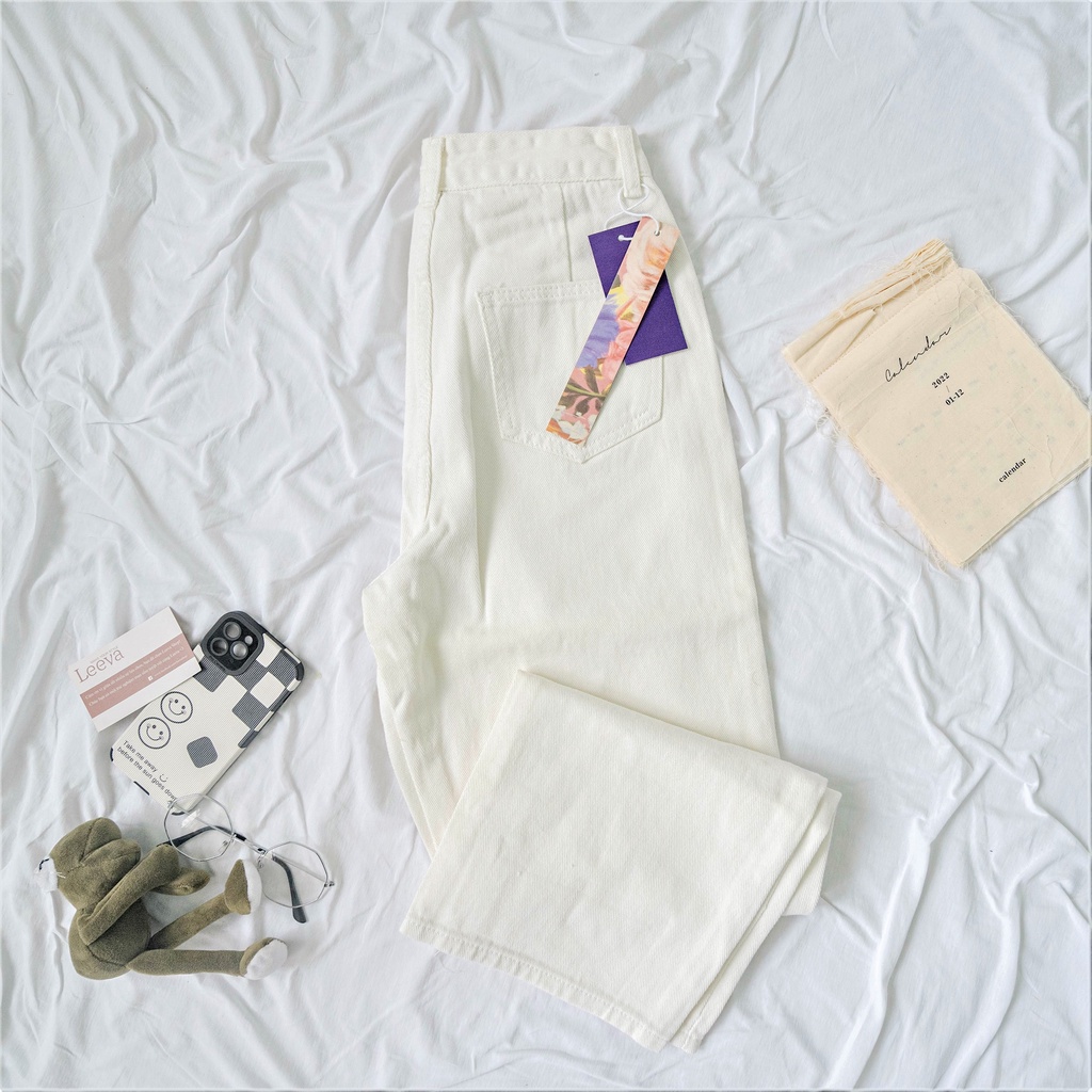 LEEVA - Quần jeans trắng ống suông dáng baggy phong cách cá tính Q016
