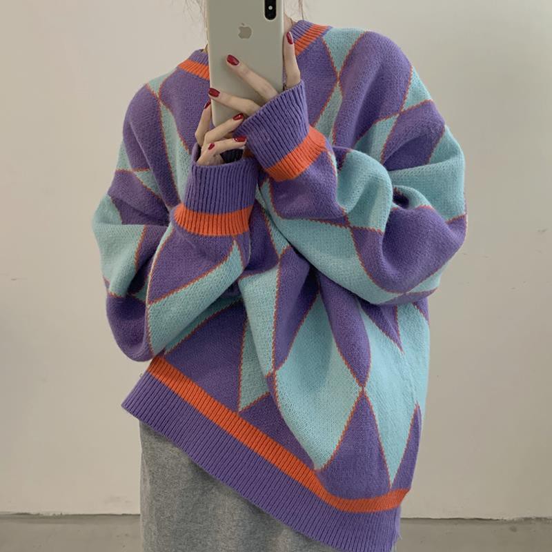 Áo Sweater Dệt Kim Dáng Rộng Màu Sắc Tương Phản Phong Cách Retro Hàn Quốc Cho Nữ 2021 | BigBuy360 - bigbuy360.vn