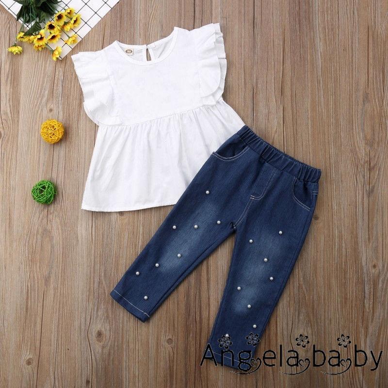 Set áo thun + quần denim dài cho bé gái