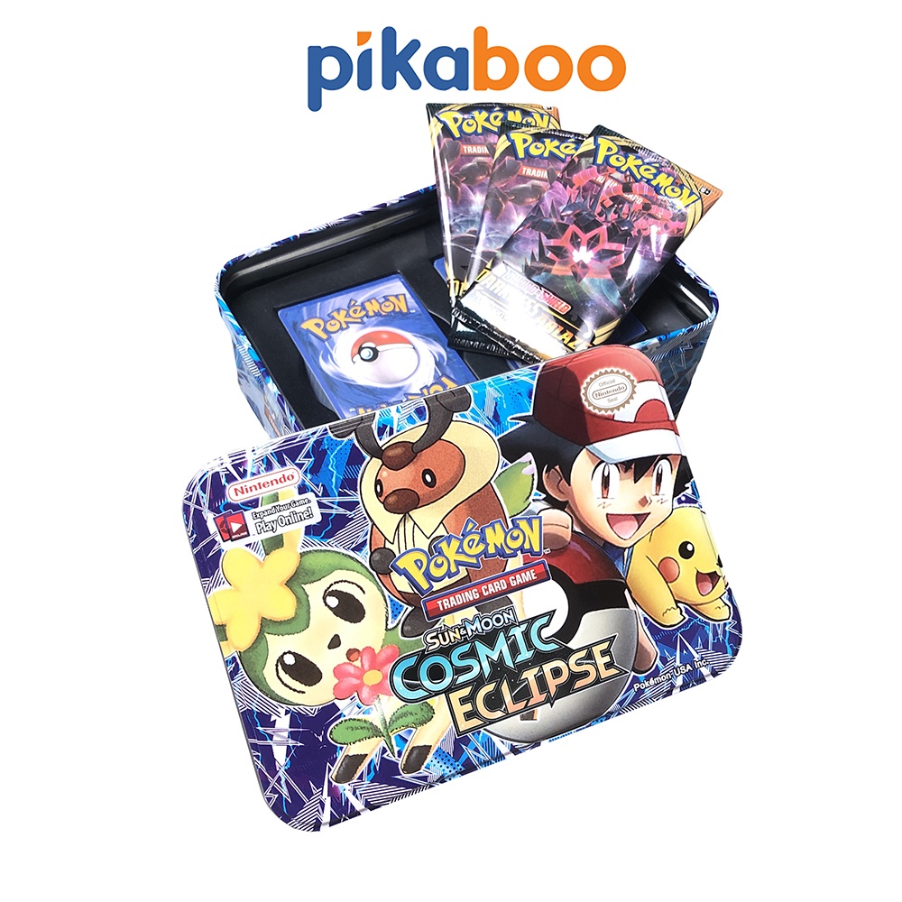 Bài Pokemon hộp sắt huyền thoại cao cấp Pikaboo, chất liệu giấy cứng, màu sắc sinh động, các quân bài siu tập đa dạng