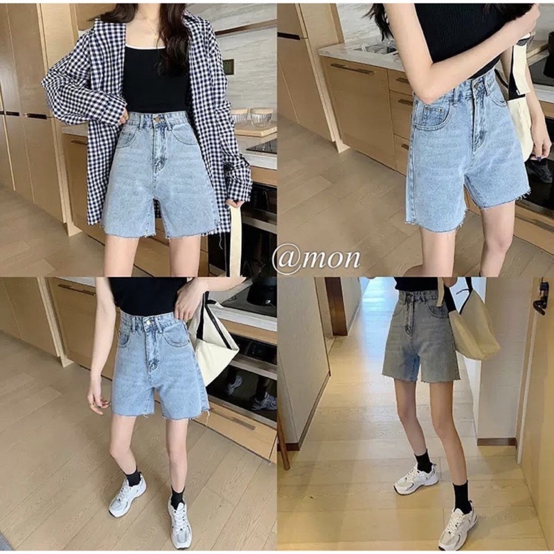 Quần short bò nữ dáng ngố lửng ống rộng chất bò trơn mềm dày sịn quần đùi bò basic cạp cao