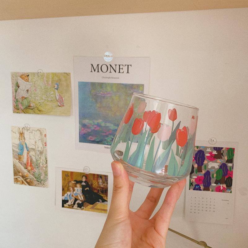 Cốc Ly Thủy Tinh Tulip Uống Trà Sữa và Trang Trí In Hình Hoa Tulip