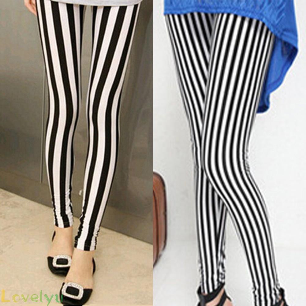 【LOVELYU】Quần legging kẻ sọc dọc trắng đen 100% vải lụa lạnh chất lượng cao mới cho nữ