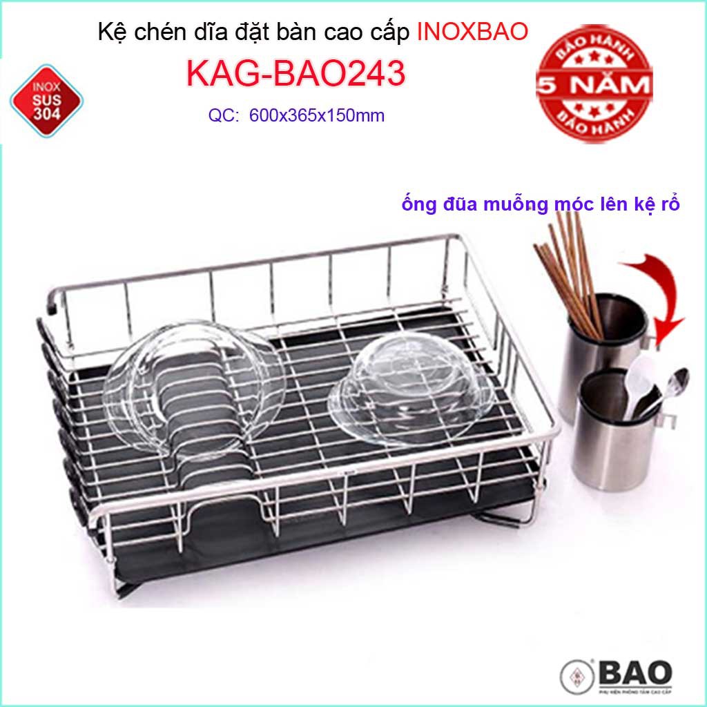 Kệ úp chén dĩa đặt bàn Inox Bảo KAG-BAO243, giá đựng bát đĩa đa năng SUS304 dập đặc cao cấp 60cm kèm 2 ống đũa siêu bền