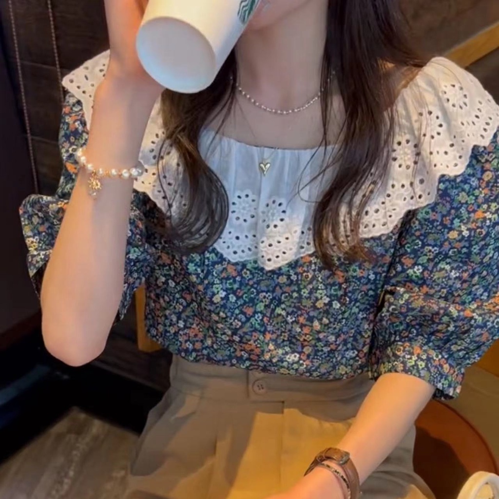 SUXI Áo Kiểu Cổ Tròn Dáng Ôm In Họa Tiết Hoa Phong Cách Vintage Thời Trang Mùa Hè Xinh Xắn Cho Nữ