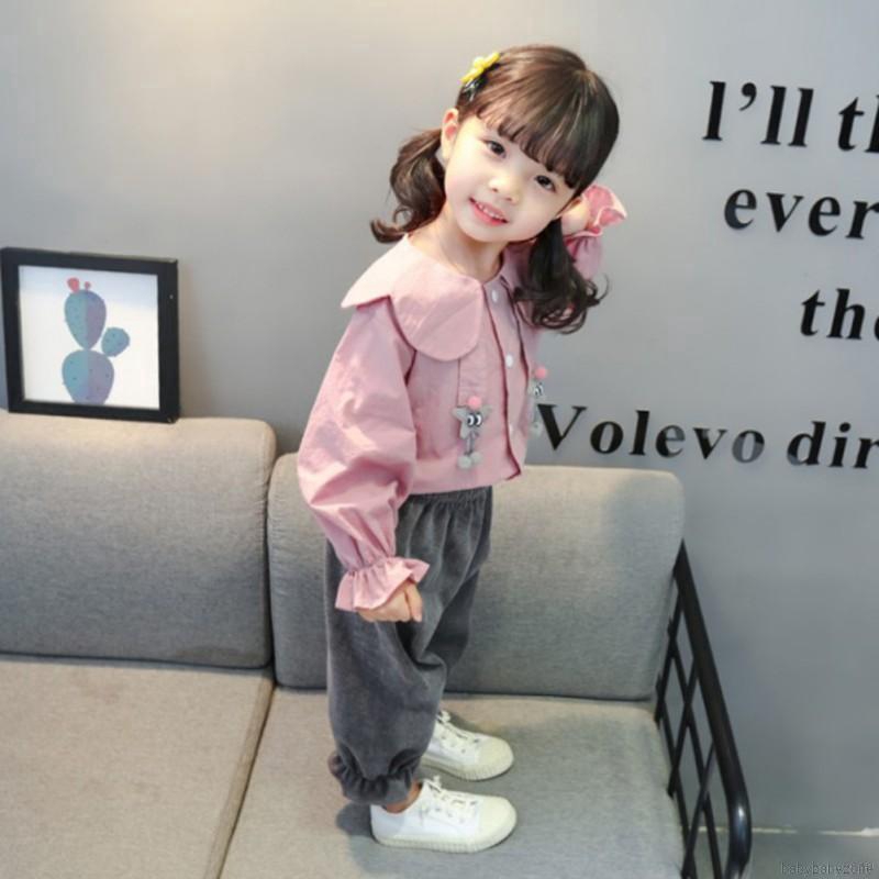Set áo cổ bẻ và quần hoạt hình cho bé gái