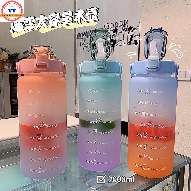 Bình nước 2 lít tặng Sticker dành cho người lười uống nước 💖 FREESHIP 💖 bình nước cute 2L có ống hút, vạch chia nhắc giờ