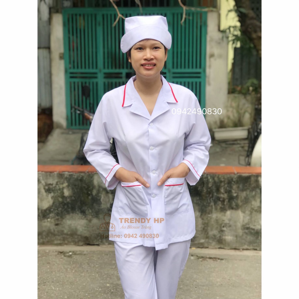 Áo blouse trắng dáng ngắn Viền Đỏ - đồng phục blouse trắng cho điều dưỡng, y tá, dược sỹ, thẩm mỹ viện, spa