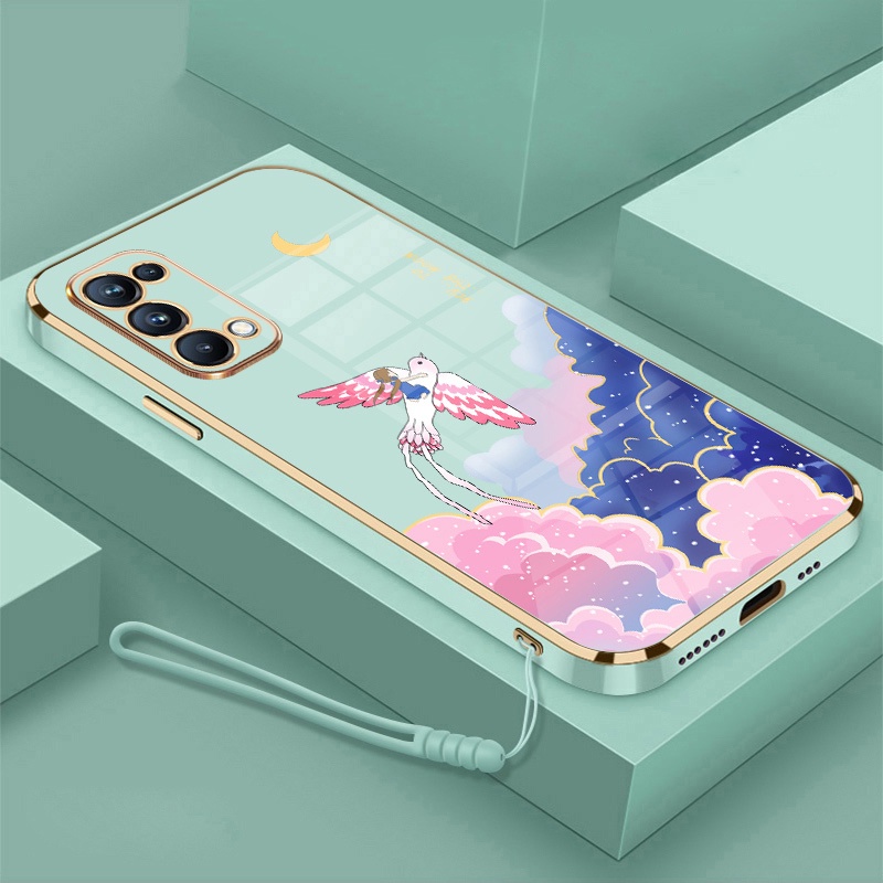 Ốp Điện Thoại Mềm Mạ Điện Họa Tiết Hoạt Hình Kèm Dây Đeo Cho oppo reno 4 reno 5 reno 6 4g reno 6 5g reno2 f reno 3 reno 2