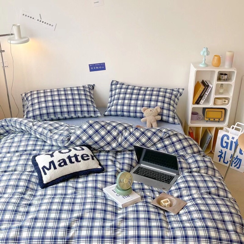 Bộ Chăn Ga Gối ❤️ Cotton living 100% cao cấp đủ size ga giường họa tiết kẻ miễn phí bo chun nhập khẩu Hàn Quốc