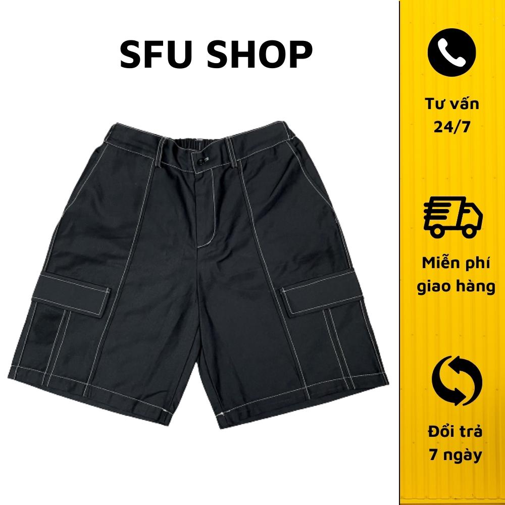 Quần short đùi kaki unisex SFU thun basic nam nữ ống rộng ulzzang Hàn Quốc cạp chun co giãn