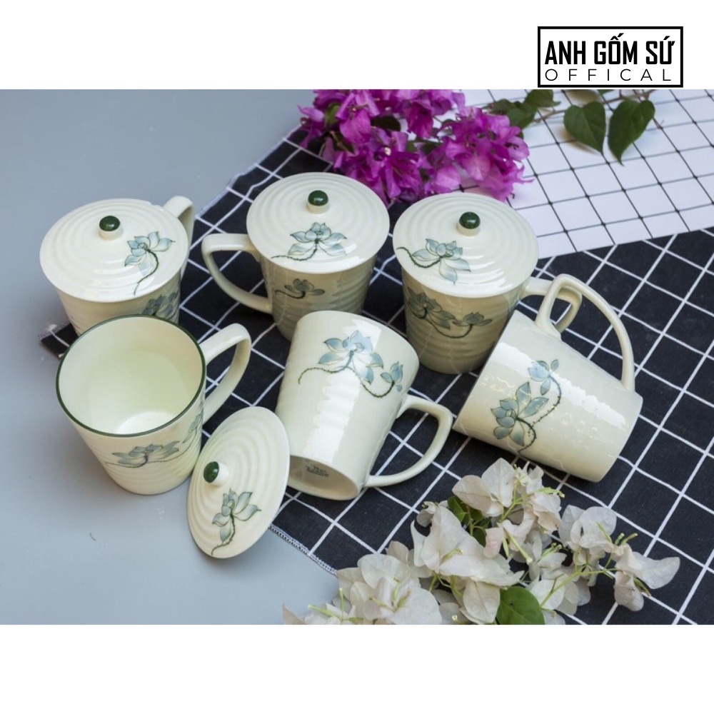 Cốc sứ có nắp men kem Bát Tràng cao cấp, cốc uống nước có quai 350ml nhiều mẫu lựa chọn