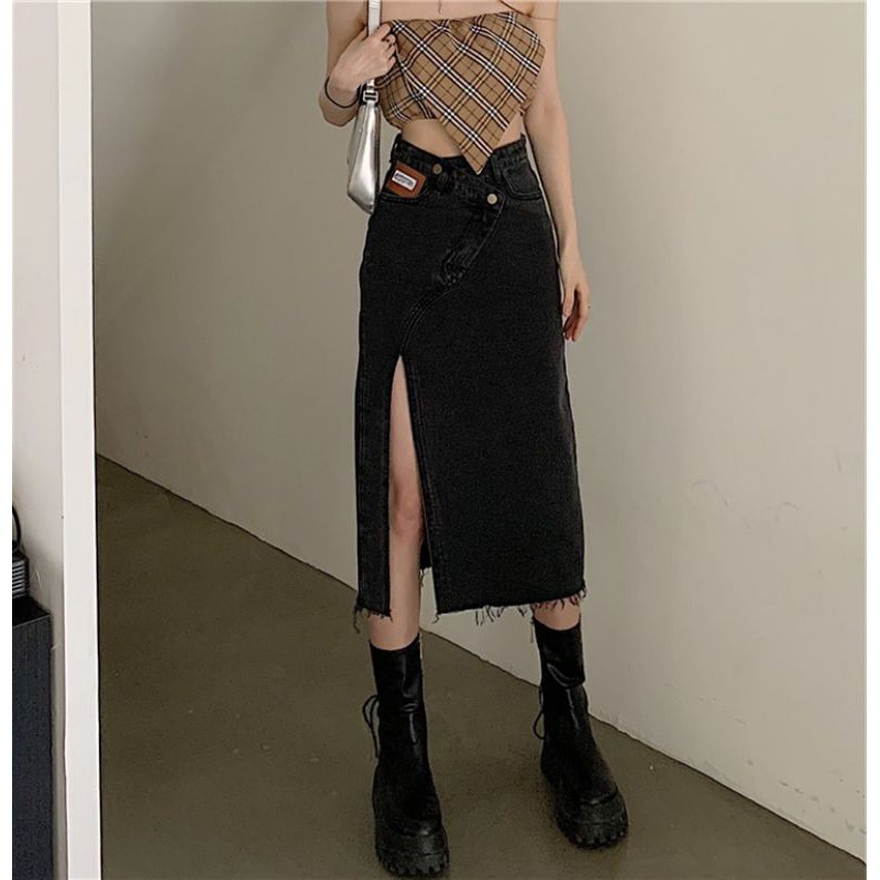 Chân váy jeans dài xẻ đùi cao phối đai eo chéo cá tính