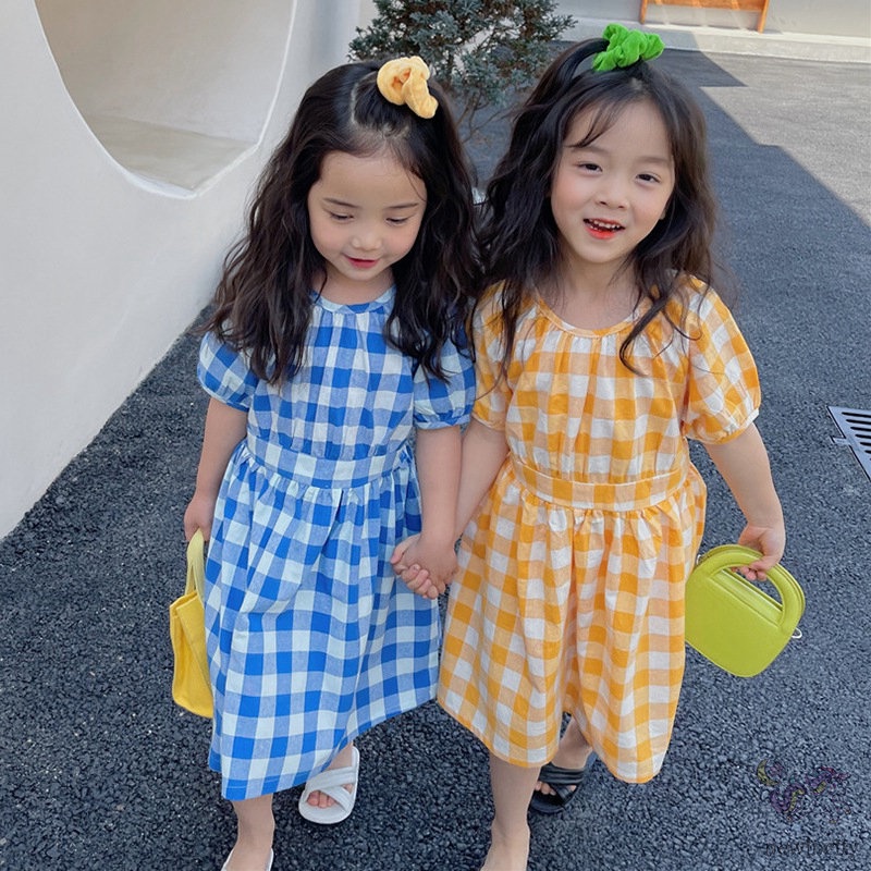 Đầm Cotton Ngắn Tay Họa Tiết Sọc Caro Thời Trang Mùa Hè Hàn Quốc Cho Trẻ Em