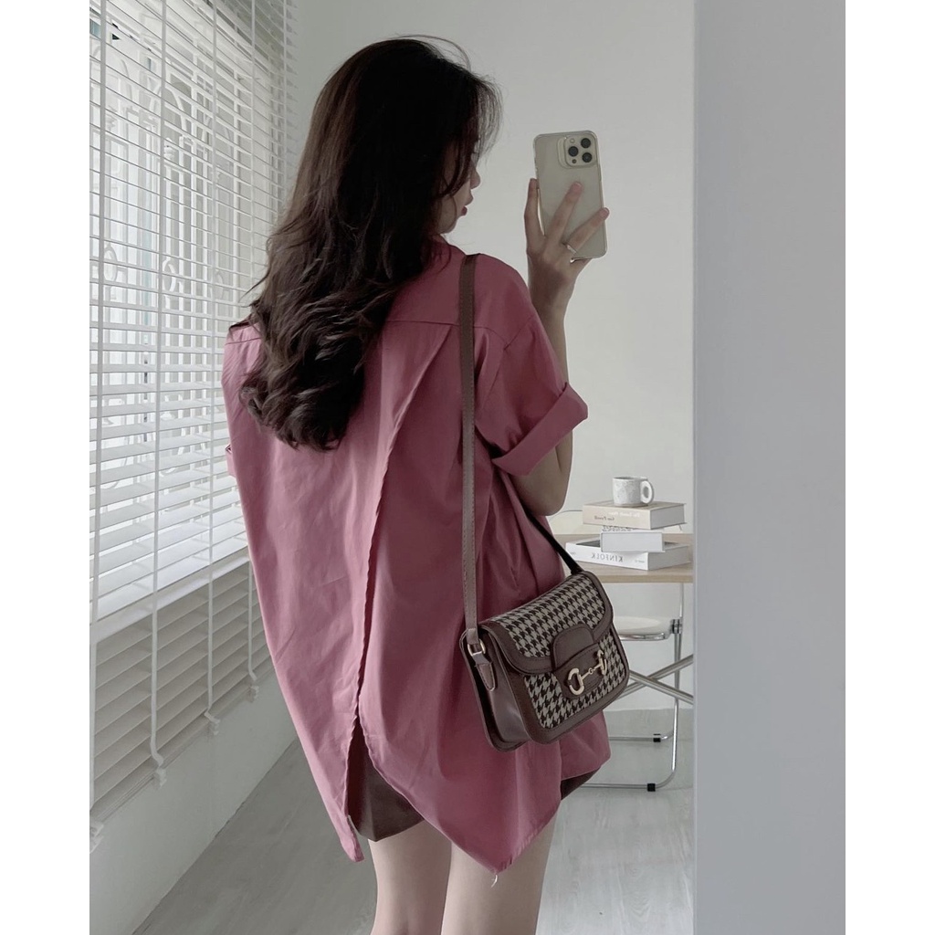 Áo Sơ mi thô trơn ngắn tay xẻ sau up