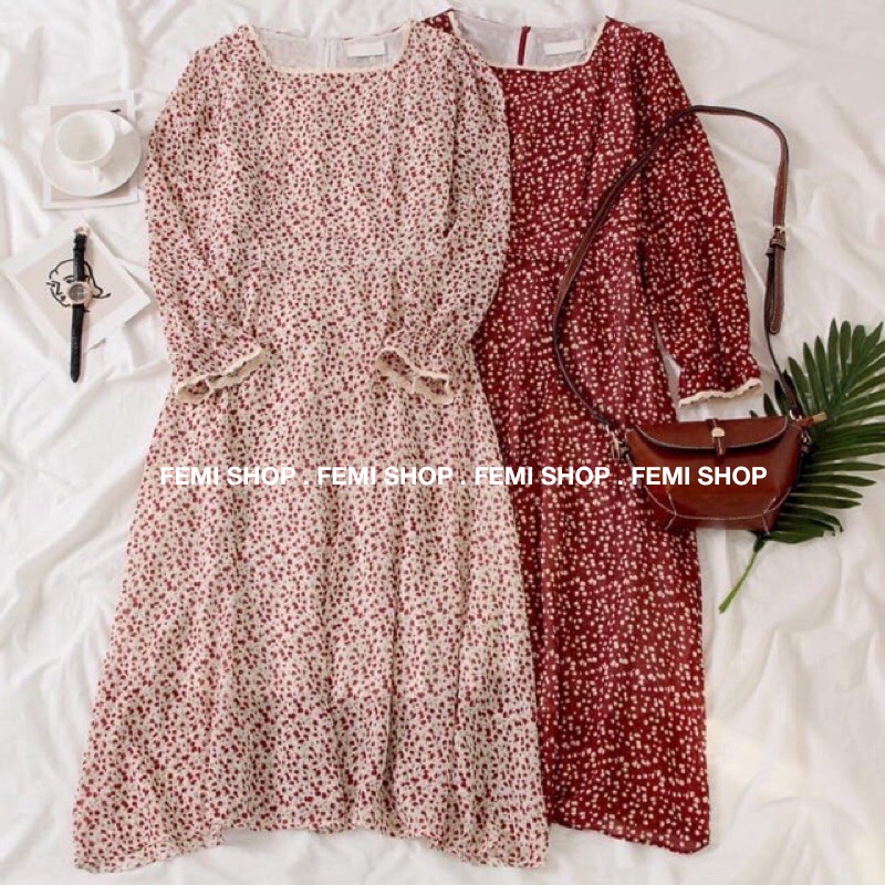 Đầm - váy hoa nhí cộc tay viền ren 2 màu _Thời Trang Váy Femi