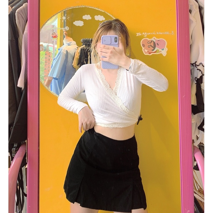 Áo croptop tay dài cột eo viền ren siêu xinh xắn [ ẢNH THẬT ]