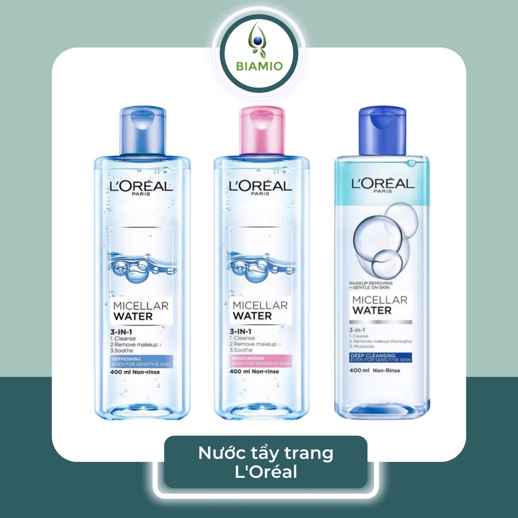 Nước tẩy trang cho da dầu mụn Loreal-L'Oreal Paris 3 in 1 Micellar Water 400ml dưỡng ẩm dịu nhẹ TT03