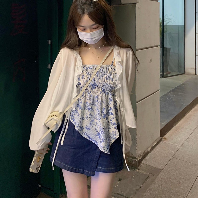 AMOI Bộ Áo Hai Dây Và Áo Khoác Cardigan Chống Nắng Màu Trắng In Họa Tiết Hoa Xinh Xắn 2022 Dành Cho Nữ