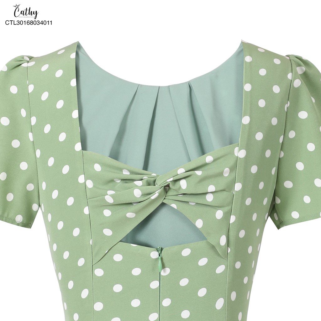 Đầm A Cathy Clans lưng hở giả nơ chấm bi - xanh | BigBuy360 - bigbuy360.vn