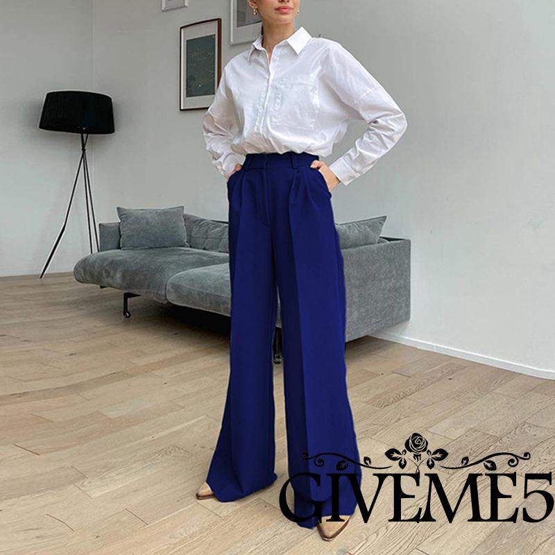 Quần ống rộng Lưng Cao Màu Sắc Đơn Giản Thời Trang Cho Nữ