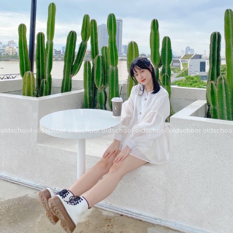 Áo sơ mi nữ cổ chữ V dài tay bồng cúc gỗ, Áo babydoll voan tay phồng đẹp  (TTA110)